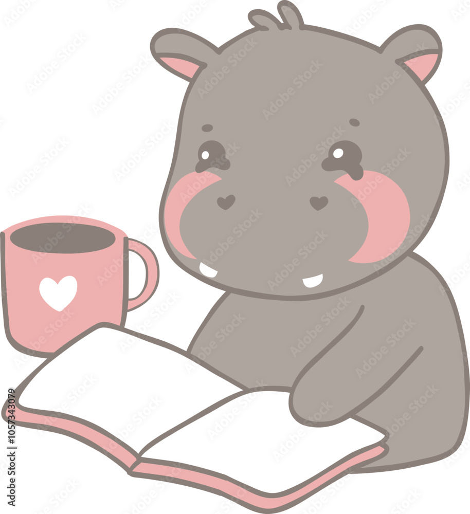 Obraz premium Adorable Pygmy Hippo Character Enjoying a Book and Coffee.svg