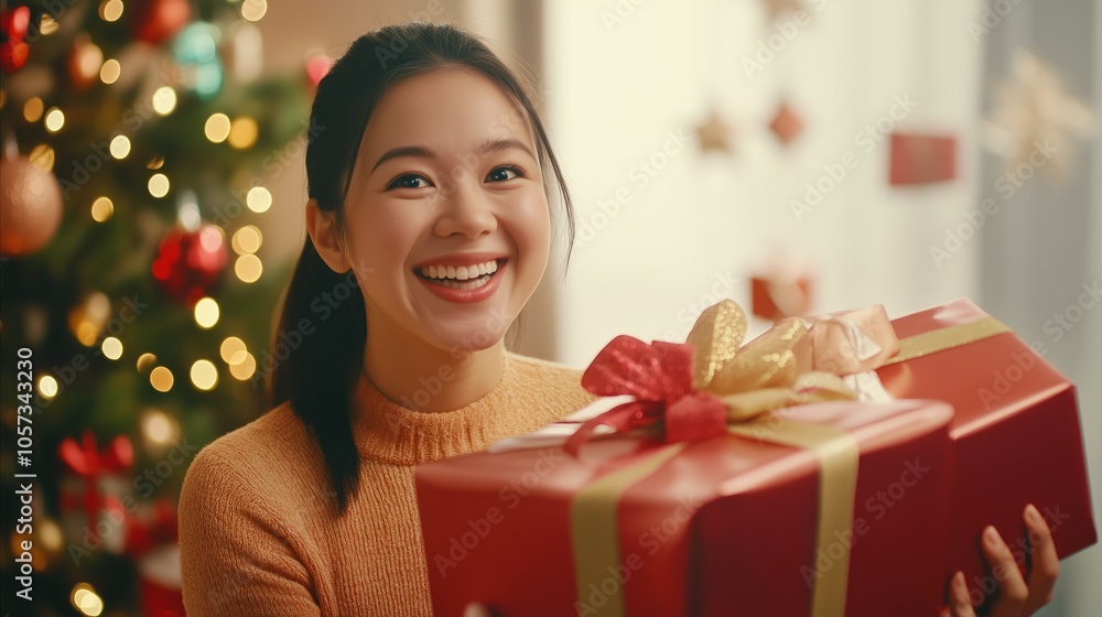 Woman is holding a red box with a bow on it Woman is holding a red box with a bow on it