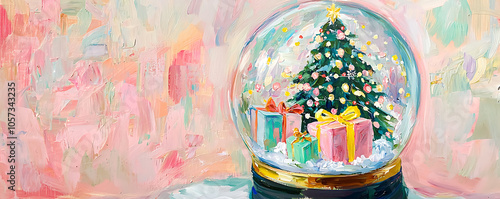 Acrylic painting of a Christmas snow globe with tree and gifts