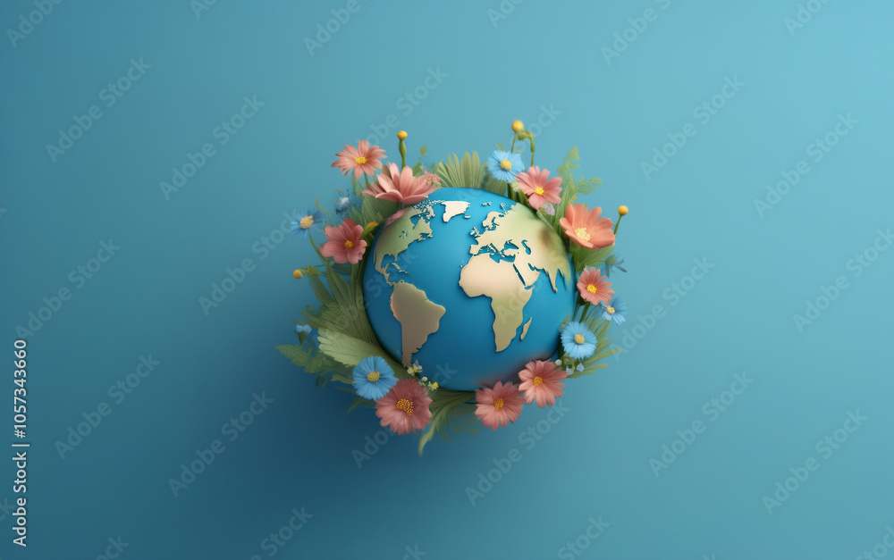 A blue globe surrounded by pink and blue flowers and green grass against a blue background. A blue globe surrounded by pink and blue flowers and green grass against a blue background.