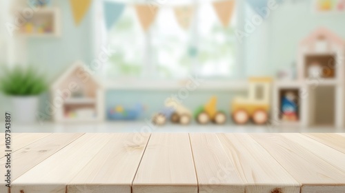 Over a blurry background of a children's room filled with toys, there is a wooden table. Presentation of a product display