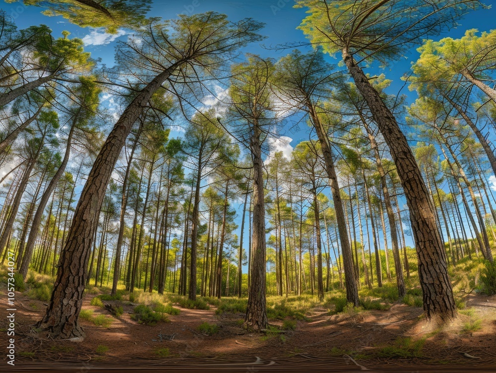 Naklejka premium A Low-Angle View of Tall Pine Trees in a Forest