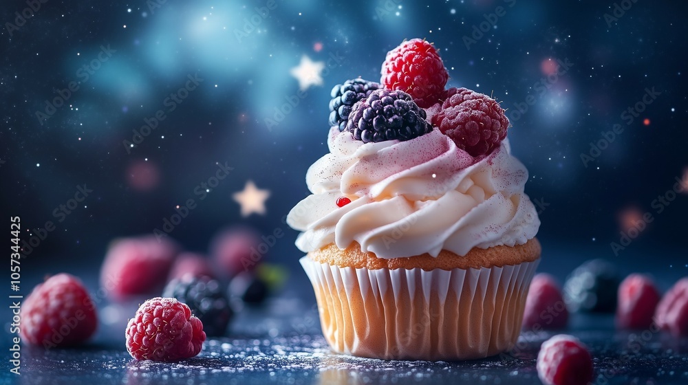 Whipped cream berry cupcake with raspberries and blackberries in a magical starry night scene Whipped cream berry cupcake with raspberries and blackberries in a magical starry night scene