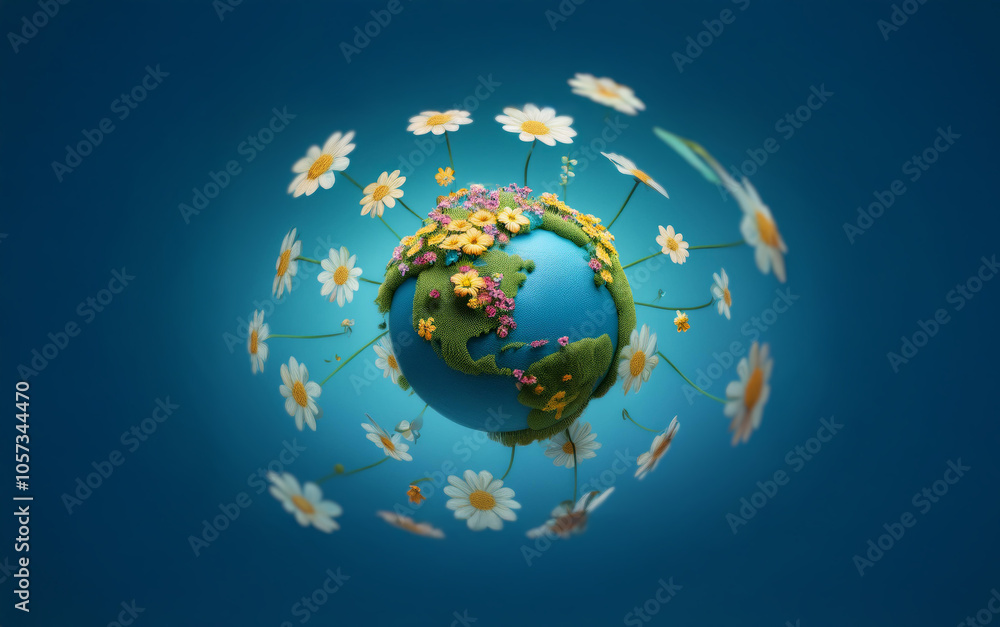 Naklejka premium A 3D illustration of the Earth, with a green landmass and blue water, surrounded by a circle of daisies. The Earth is blooming with flowers, symbolizing nature's beauty and the importance of protectin
