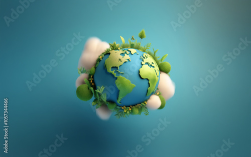 A 3D rendering of the earth with greenery, clouds, and a blue background. photo