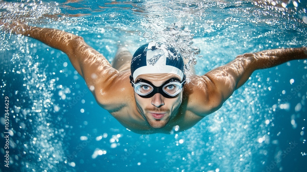Fototapeta premium Professional swimmer gliding underwater in streamlined pose with bubbles in clear blue water