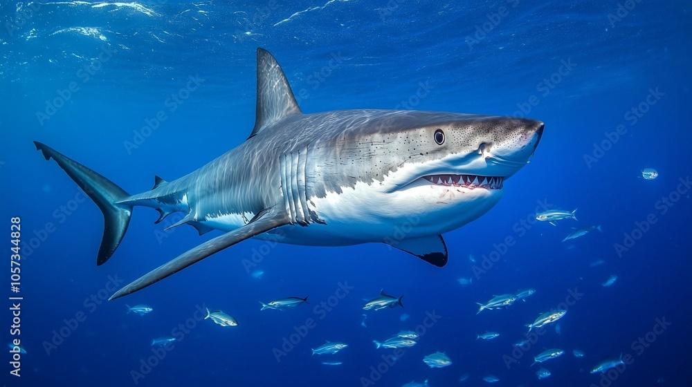 Great white shark swimming in open blue ocean surrounded by fish in a powerful underwater scene Great white shark swimming in open blue ocean surrounded by fish in a powerful underwater scene