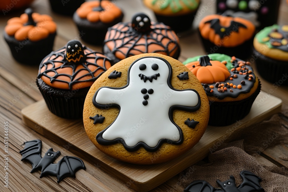 Halloween-themed cookies and cupcakes with spooky designs, AI generated illustration Halloween-themed cookies and cupcakes with spooky designs, AI generated illustration
