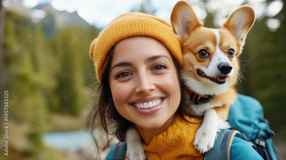 A smiling woman travels through scenic trails with her corgi, capturing warmth and adventure against a backdrop of lush green forests and bright wilderness. A smiling woman travels through scenic trails with her corgi, capturing warmth and adventure against a backdrop of lush green forests and bright wilderness.