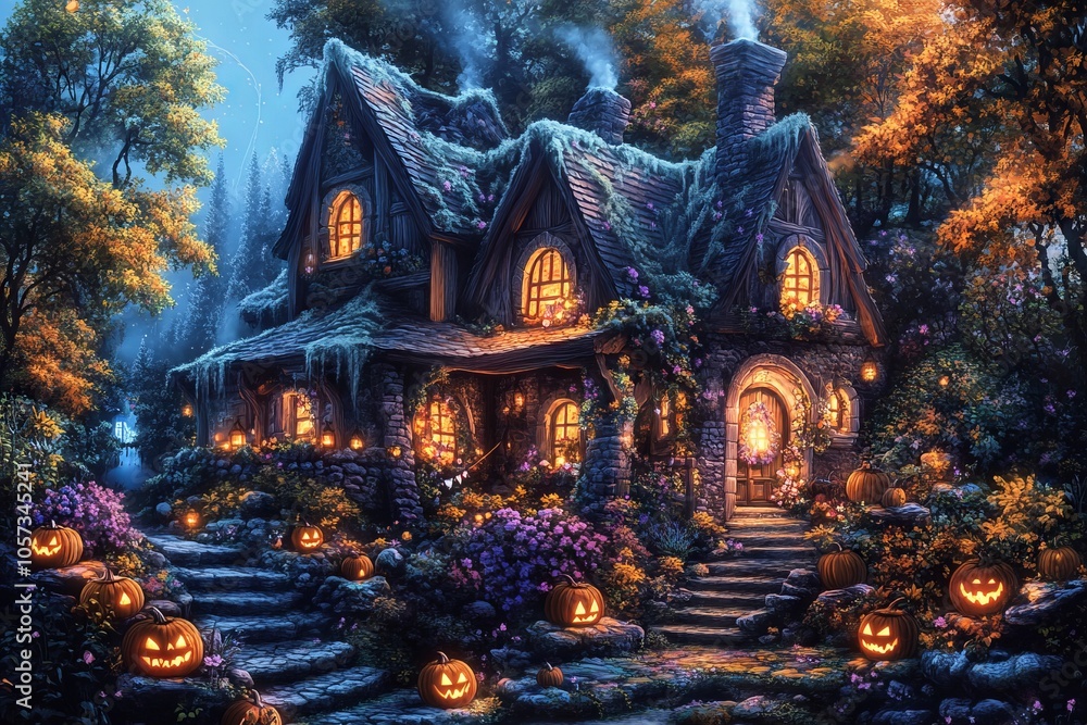 Spooky Village House with Pumpkins and Lanterns - AI generated illustration Spooky Village House with Pumpkins and Lanterns - AI generated illustration