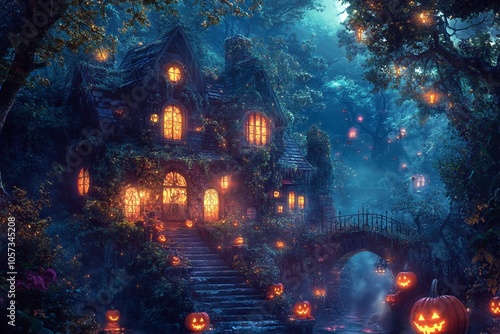 Spooky Village House with Pumpkins and Lanterns - AI generated illustration photo