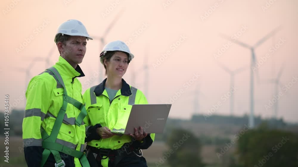 Engineers working on site in wind turbine farm, Wind turbines generate clean energy source, Eco technology for electric, industry environment Engineers working on site in wind turbine farm, Wind turbines generate clean energy source, Eco technology for electric, industry environment