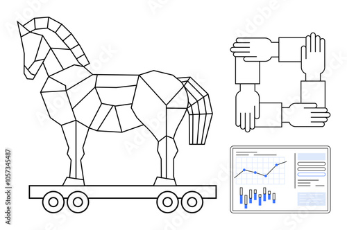 Geometric Trojan Horse on wheels, hands forming a unity square, and a data analysis graph. Ideal for themes of cybersecurity, teamwork, strategy, data analysis, corporate collaboration, business