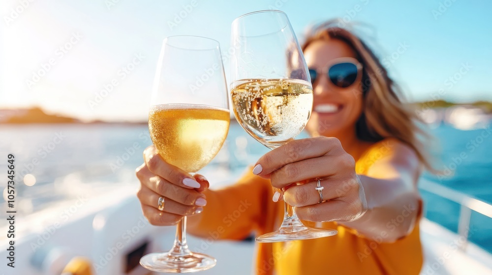 A woman joyfully holds up two wine glasses, enjoying the moment and the setting sun reflected on the ocean, creating an atmosphere of leisure and happiness. A woman joyfully holds up two wine glasses, enjoying the moment and the setting sun reflected on the ocean, creating an atmosphere of leisure and happiness.