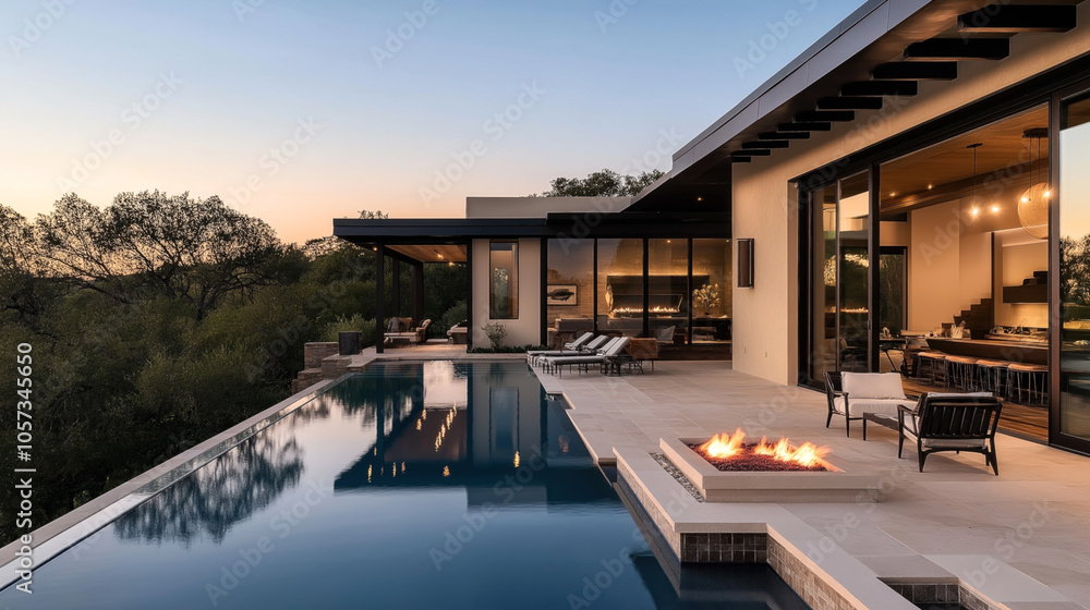 Fototapeta premium Luxury modern house exterior with infinity pool and patio at sunset, featuring comfortable outdoor seating and a stone fire pit.