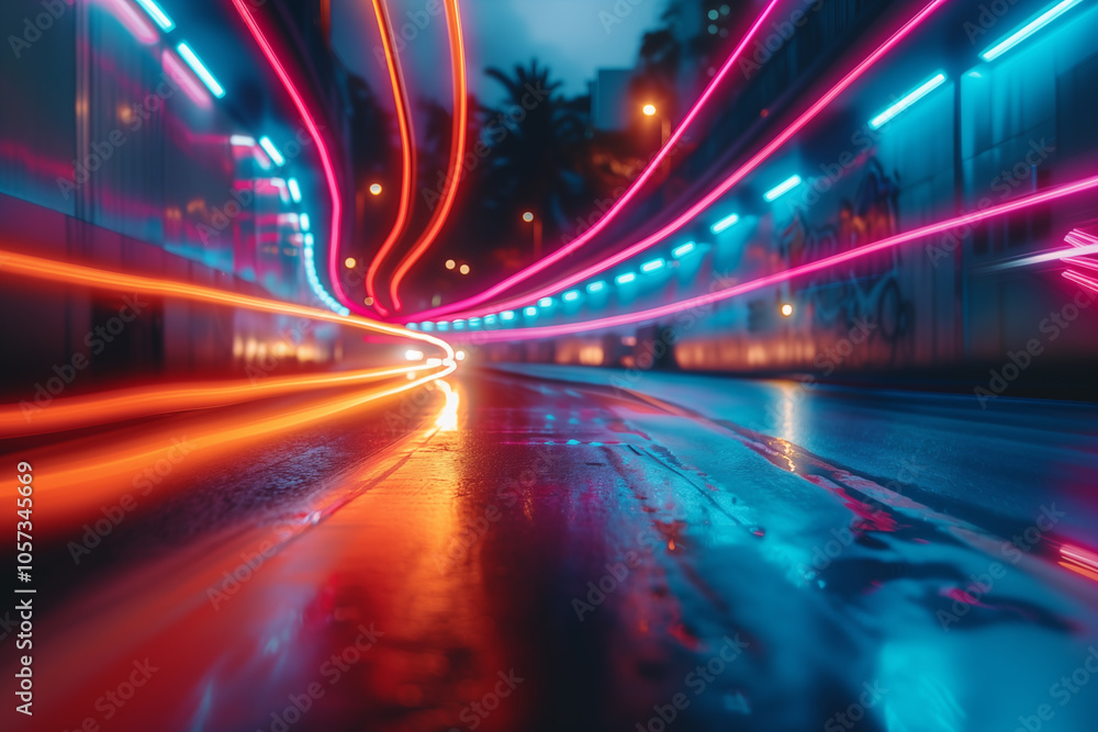 Abstract neon lights at night displayed along the wet road. Blured background with bright color.