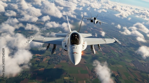 Two streamlined fighter jets perform a synchronized aerial display against a back drop of open skies, emphasizing precision, speed, and military prowess. photo