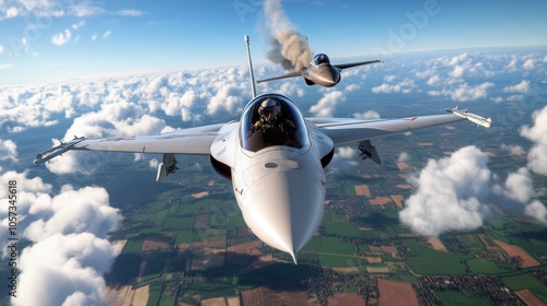 A powerful fighter jet takes the lead, soaring through the vast and dramatic skies, while a fellow jet follows closely, blending with the cloud-studded horizon. photo