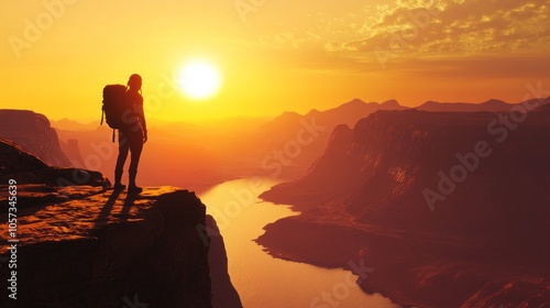 Silhouette of a Woman Hiking in a Majestic Mountain Valley