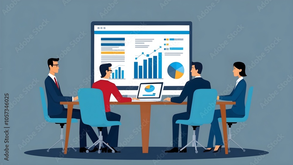 Business people gathered around a table with a laptop and a display. Business people gathered around a table with a laptop and a display.