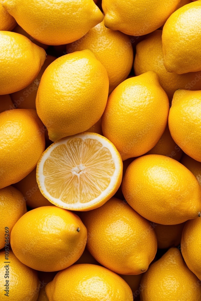 A vibrant image showcasing a collection of fresh yellow lemons prominently displaying a single sliced lemon amidst the whole ones, highlighting their juicy texture. A vibrant image showcasing a collection of fresh yellow lemons prominently displaying a single sliced lemon amidst the whole ones, highlighting their juicy texture.