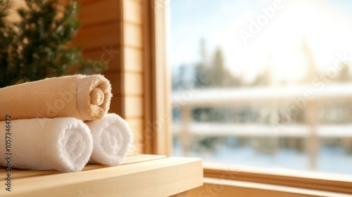 Rolled towels sit neatly stacked in a sunlit sauna room, offering a view of peaceful surroundings through a large window, suggesting ultimate relaxation and luxury. photo