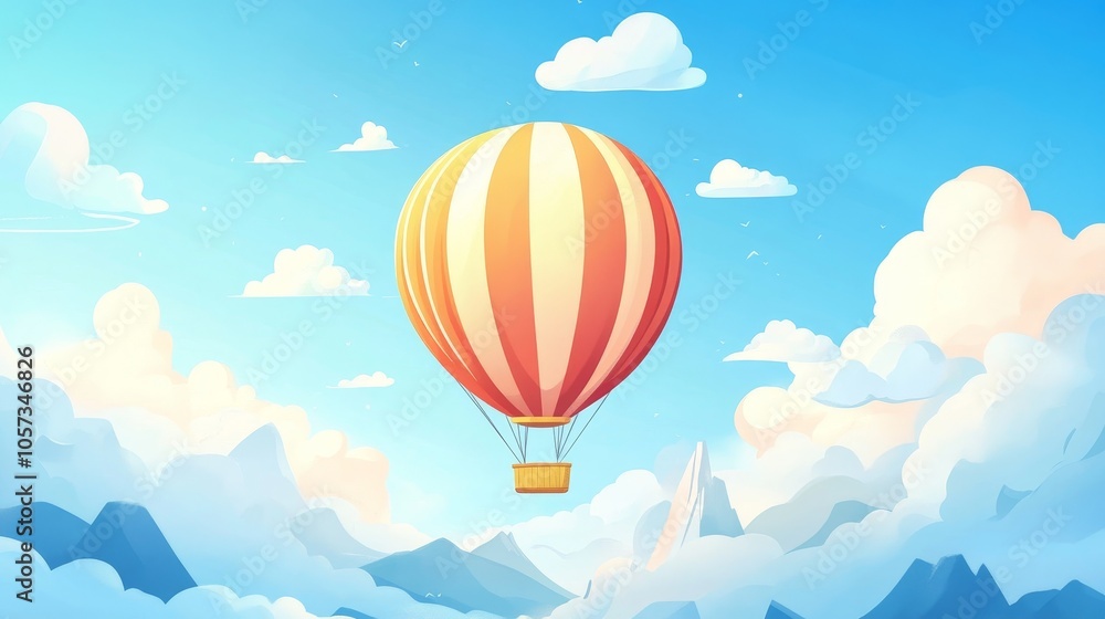 Fototapeta premium A brightly colored hot air balloon gracefully floats among fluffy clouds and towering mountain peaks, symbolizing adventure, freedom, and exploration in a pristine sky.