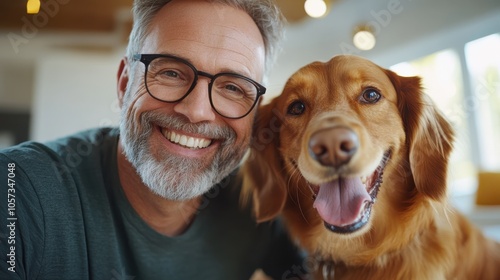 Close-up of a bearded man and his cheerful golden retriever sharing a moment of happiness. Perfect for conveying friendship and joy. photo