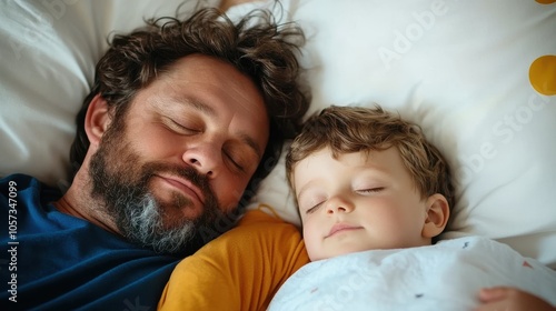 A tranquil scene of a father and his young son peacefully napping together in a serene bedroom, highlighting comfort, rest, and familial love.