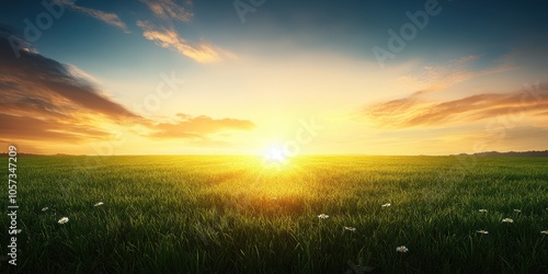 Serene Sunrise Over a Lush Green Field