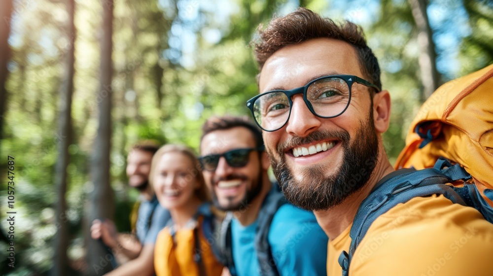 A group of friends, all smiling and enjoying a sunny hike in a lush forest, with vibrant green scenery and sunlight filtering through the trees. A group of friends, all smiling and enjoying a sunny hike in a lush forest, with vibrant green scenery and sunlight filtering through the trees.