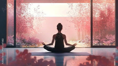 Woman meditating indoors with serene pink garden..