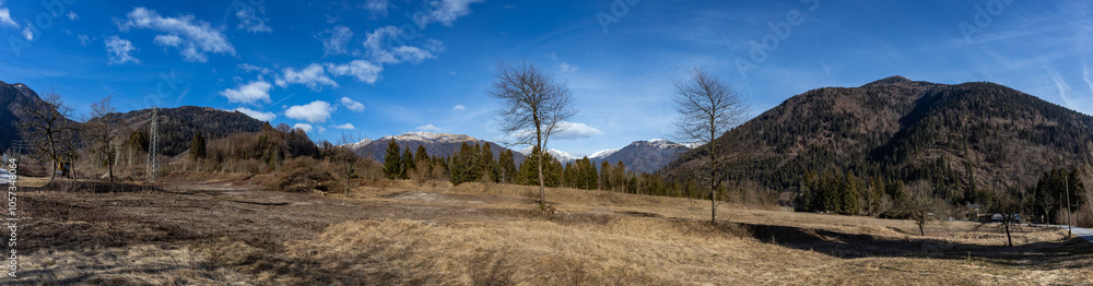 ampia composizione panoramica da immagini multiple su un ambiente naturale di montagna freddo e secco, nell'Italia nord orientale, di giorno, in inverno, sotto un cielo sereno ampia composizione panoramica da immagini multiple su un ambiente naturale di montagna freddo e secco, nell'Italia nord orientale, di giorno, in inverno, sotto un cielo sereno