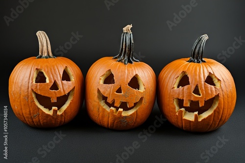 Carved Halloween pumpkins with expressive faces on a black background, AI generated illustration