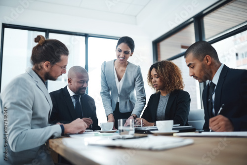 Presentation, conversation and smile in meeting, group and document of financial report, team and boardroom. Office, talking and corporate people with communication, colleagues and insurance company