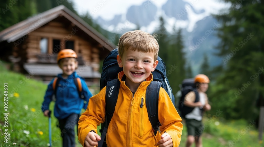 A happy child wearing an orange jacket hikes with friends in a scenic mountain area, capturing the spirit of adventure, friendship, and nature exploration.