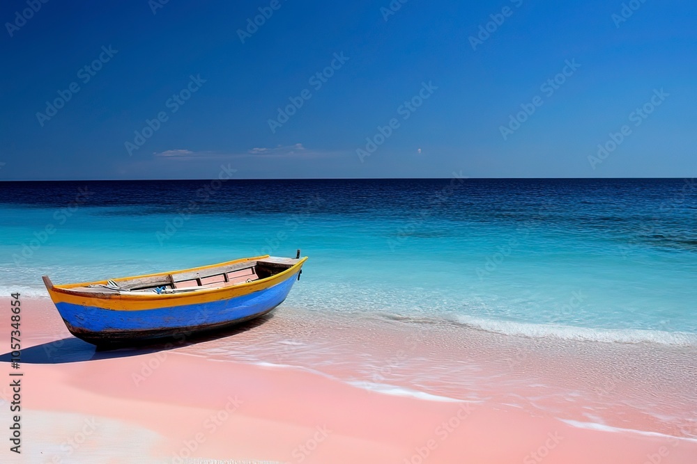 Naklejka premium a small boat anchored on a pink beach with deep blue sea, representing a peaceful and healing vacation with generative ai