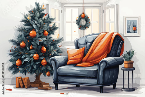 Contemporary living room with christmas tree ,gift and modern sofa - 3d rendering