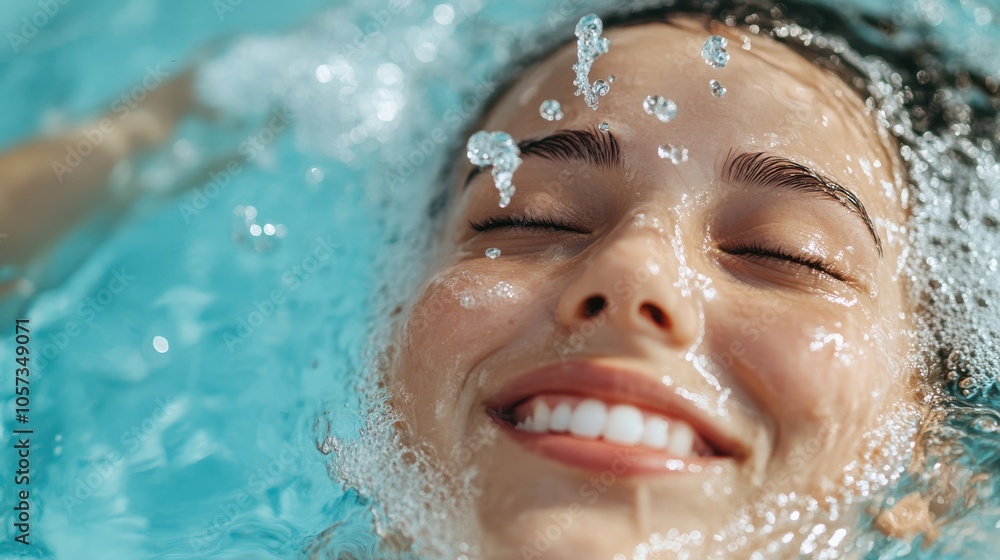 A woman submerged underwater with a blissful expression, feeling the refreshing touch of water on her skin, capturing the beauty of tranquility and joy in a pool setting. A woman submerged underwater with a blissful expression, feeling the refreshing touch of water on her skin, capturing the beauty of tranquility and joy in a pool setting.