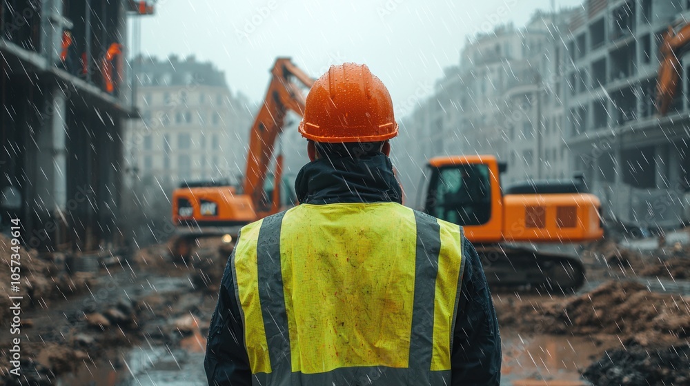 The back of an engineer wearing a yellow vest and orange helmet stands in front of an excavator on a construction site, with heavy rain falling from the sky. It is a rainy day with a blurred backgroun The back of an engineer wearing a yellow vest and orange helmet stands in front of an excavator on a construction site, with heavy rain falling from the sky. It is a rainy day with a blurred backgroun