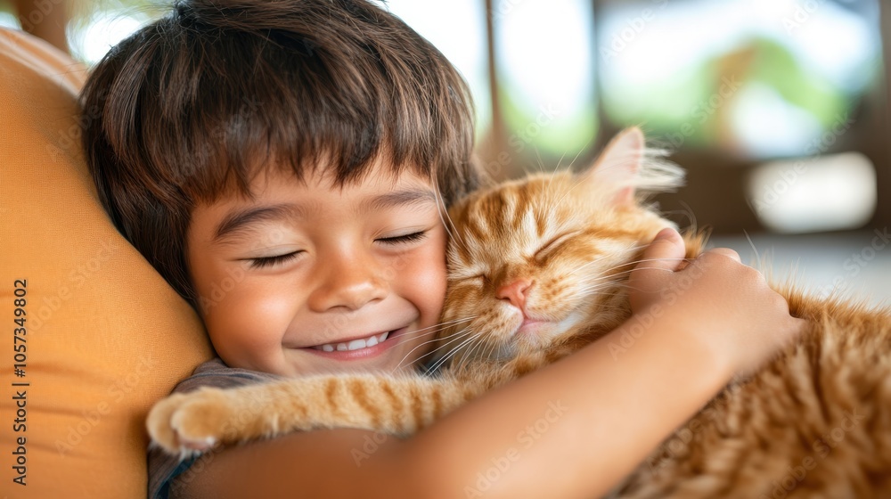 A joyful child with smooth hair embraces a content ginger cat, both exuding happiness and warmth in a cozy setting, highlighting their loving friendship. A joyful child with smooth hair embraces a content ginger cat, both exuding happiness and warmth in a cozy setting, highlighting their loving friendship.