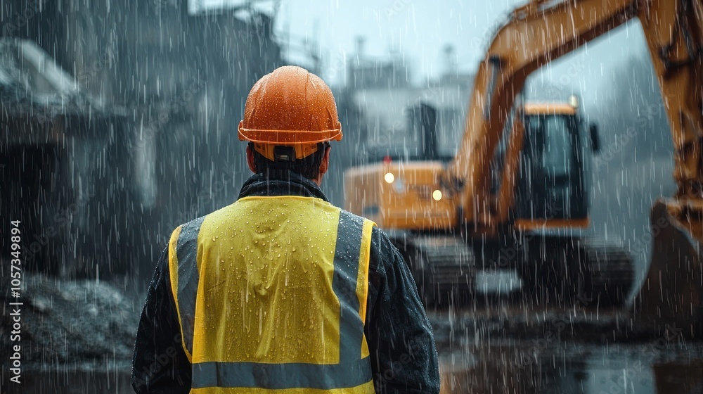 The back of an engineer wearing a yellow vest and orange helmet stands in front of an excavator on a construction site, with heavy rain falling from the sky. It is a rainy day with a blurred backgroun The back of an engineer wearing a yellow vest and orange helmet stands in front of an excavator on a construction site, with heavy rain falling from the sky. It is a rainy day with a blurred backgroun