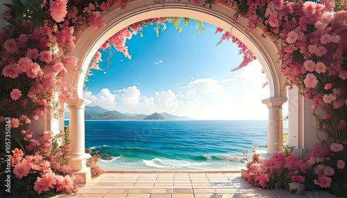 The picturesque view of the sea with a copied space image through a flower-adorned arch photo