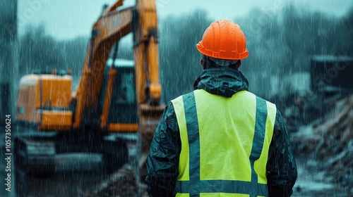 The back of an engineer wearing a yellow vest and orange helmet stands in front of an excavator on a construction site, with heavy rain falling from the sky. It is a rainy day with a blurred backgroun