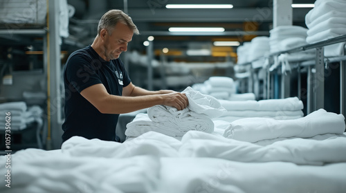 A man organizing folded white linens in an industrial laundry facility with shelves filled with neatly stacked towels in the background under fluorescent lighting.