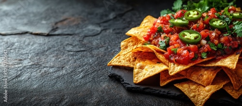 A close-up of crispy tortilla chips topped with fresh salsa and jalapeños.