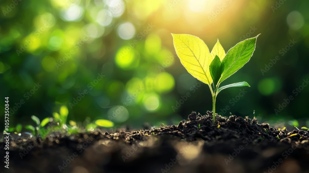 Young plant in soil with sunlight in natural setting Young plant in soil with sunlight in natural setting
