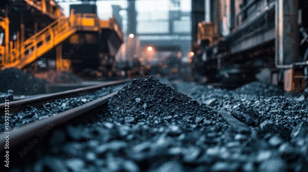 A close-up of coal being crushed and sorted at a processing plant, with large industrial machines A close-up of coal being crushed and sorted at a processing plant, with large industrial machines