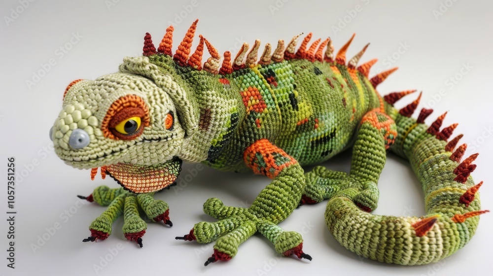 Obraz premium This stunning crochet iguana showcases intricate details with colorful scales and spikes. Its lifelike posture captures the essence of the wild in textile form.