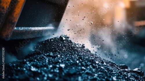 A close-up of coal being processed at a facility, with dust and debris flying as the coal is crushed photo